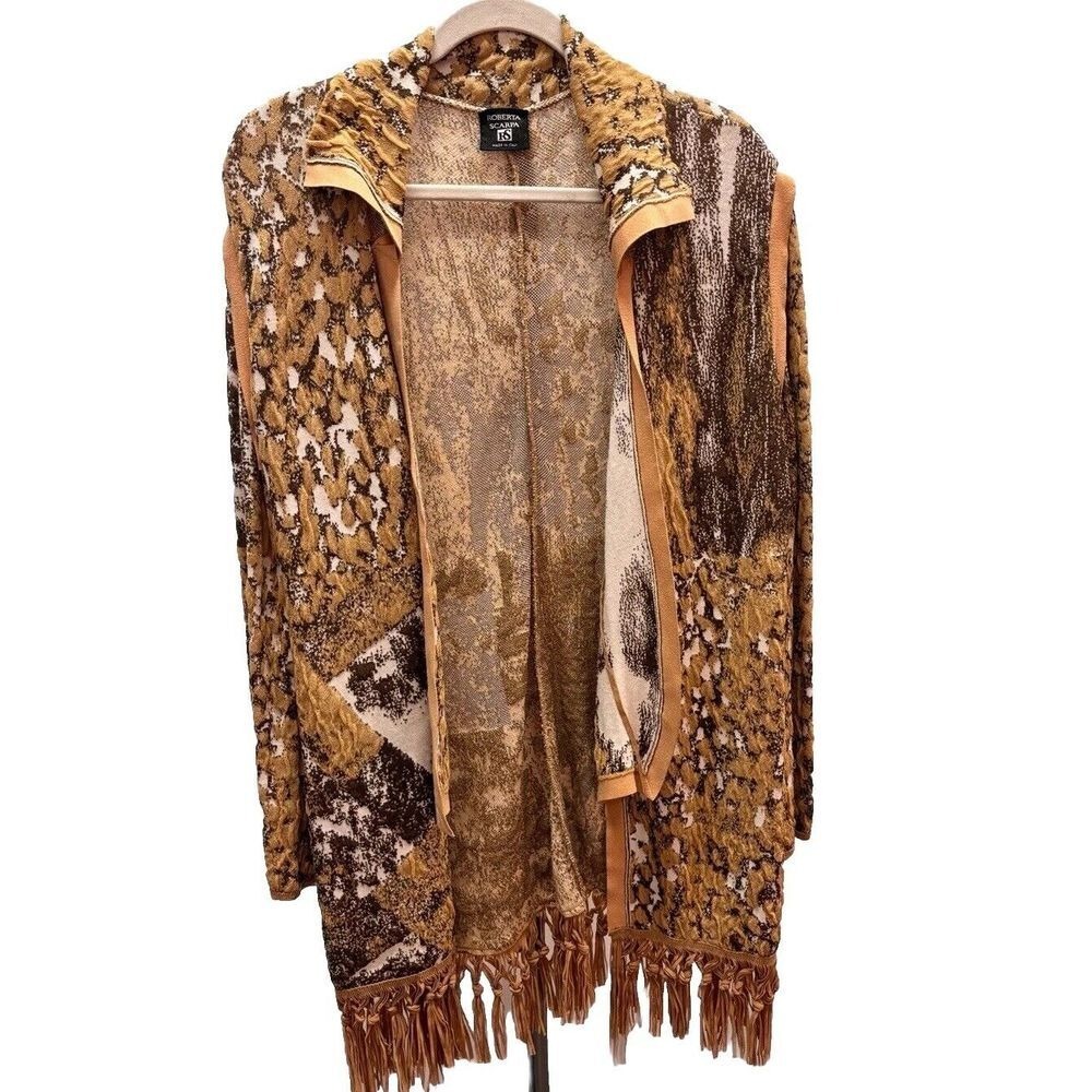 Animal Print Fringe Cardigan Sweater Sz M Faux Suede Piping Italian Boho Western